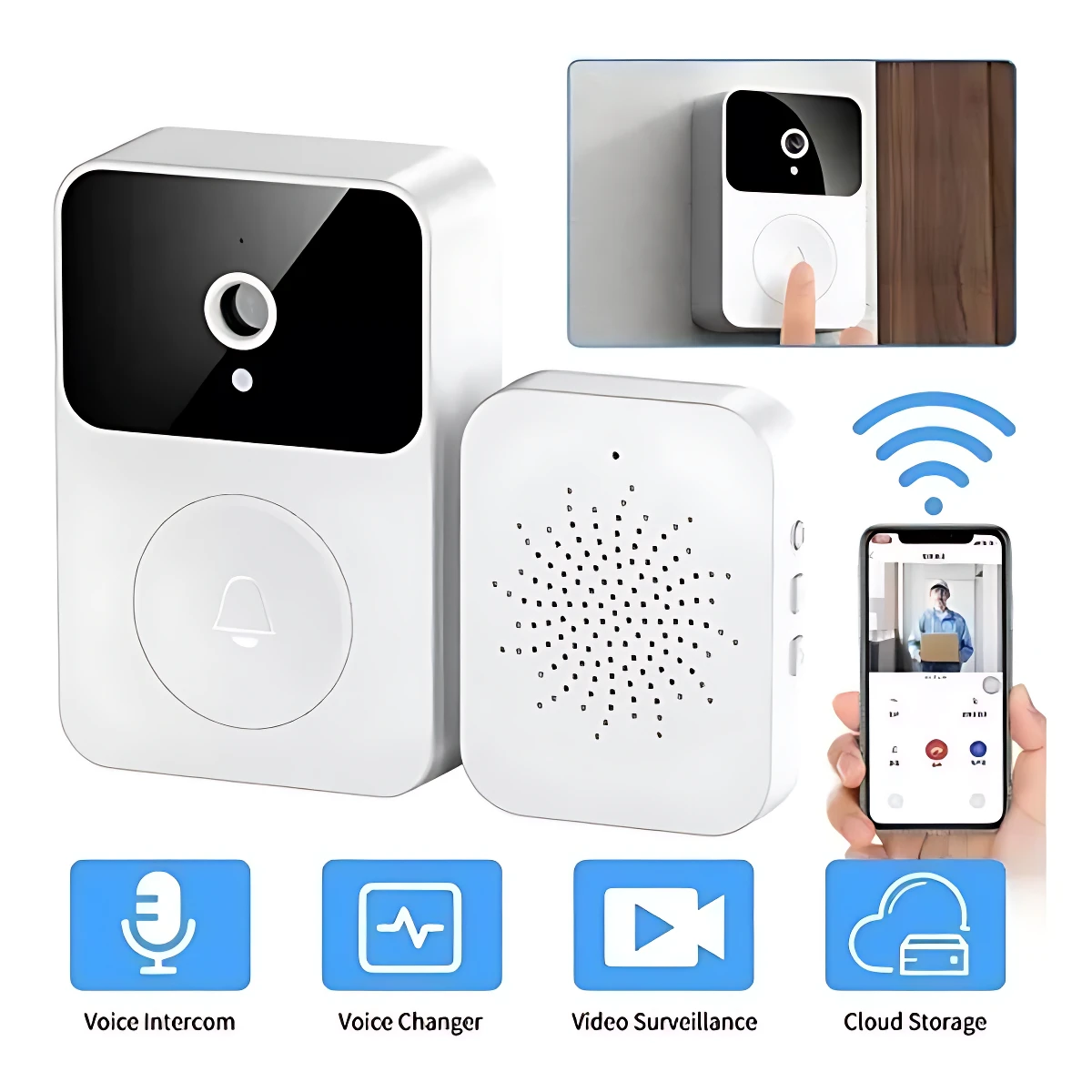 Timbre de video WiFi X9 blanco con cámara frontal, micrófono y botón de llamada. Incluye altavoz exterior y app móvil para ver en tiempo real.