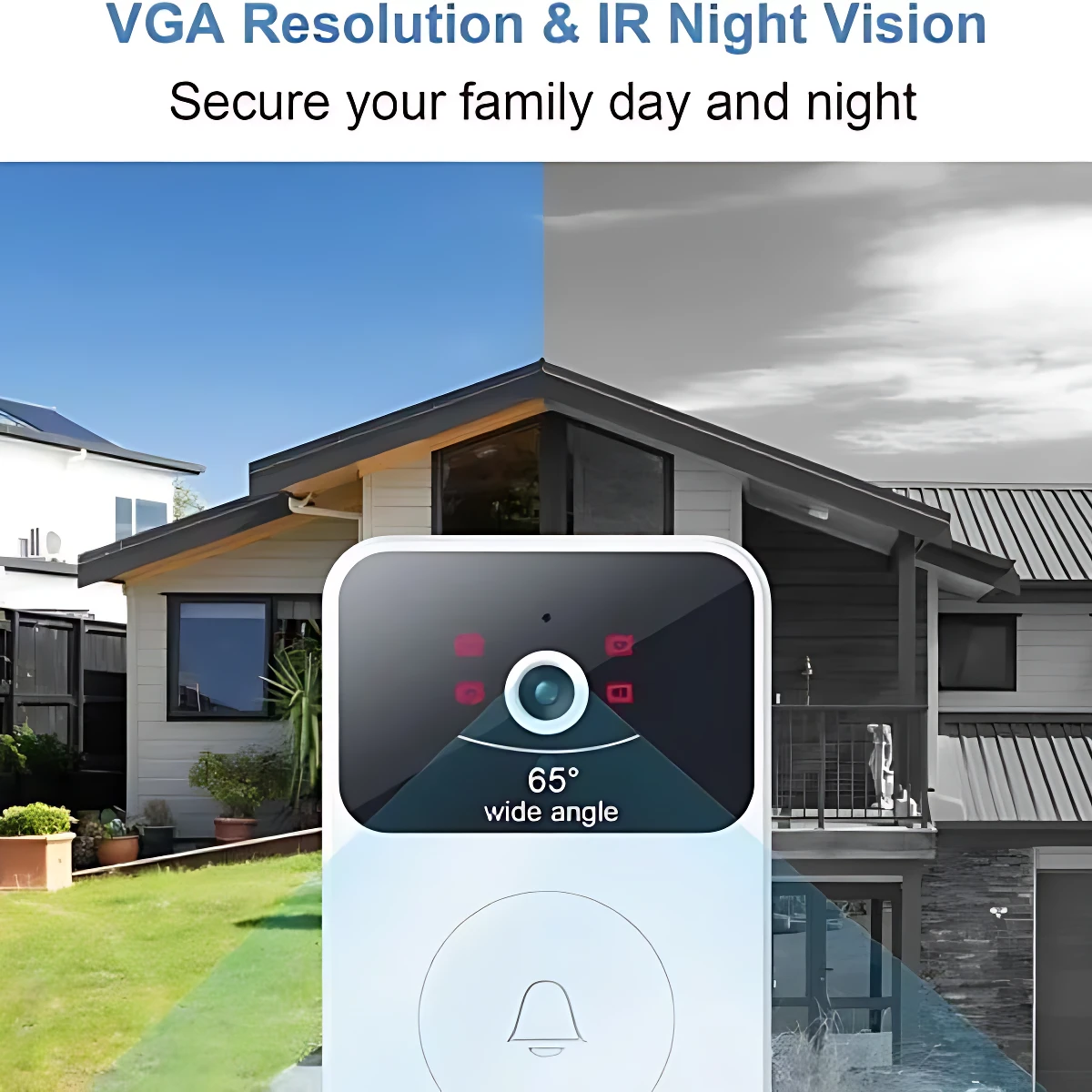 Timbre de video WiFi X9 con visión nocturna, ángulo de 65°, pantalla frontal con botón de campana y fondo de casa moderna.
