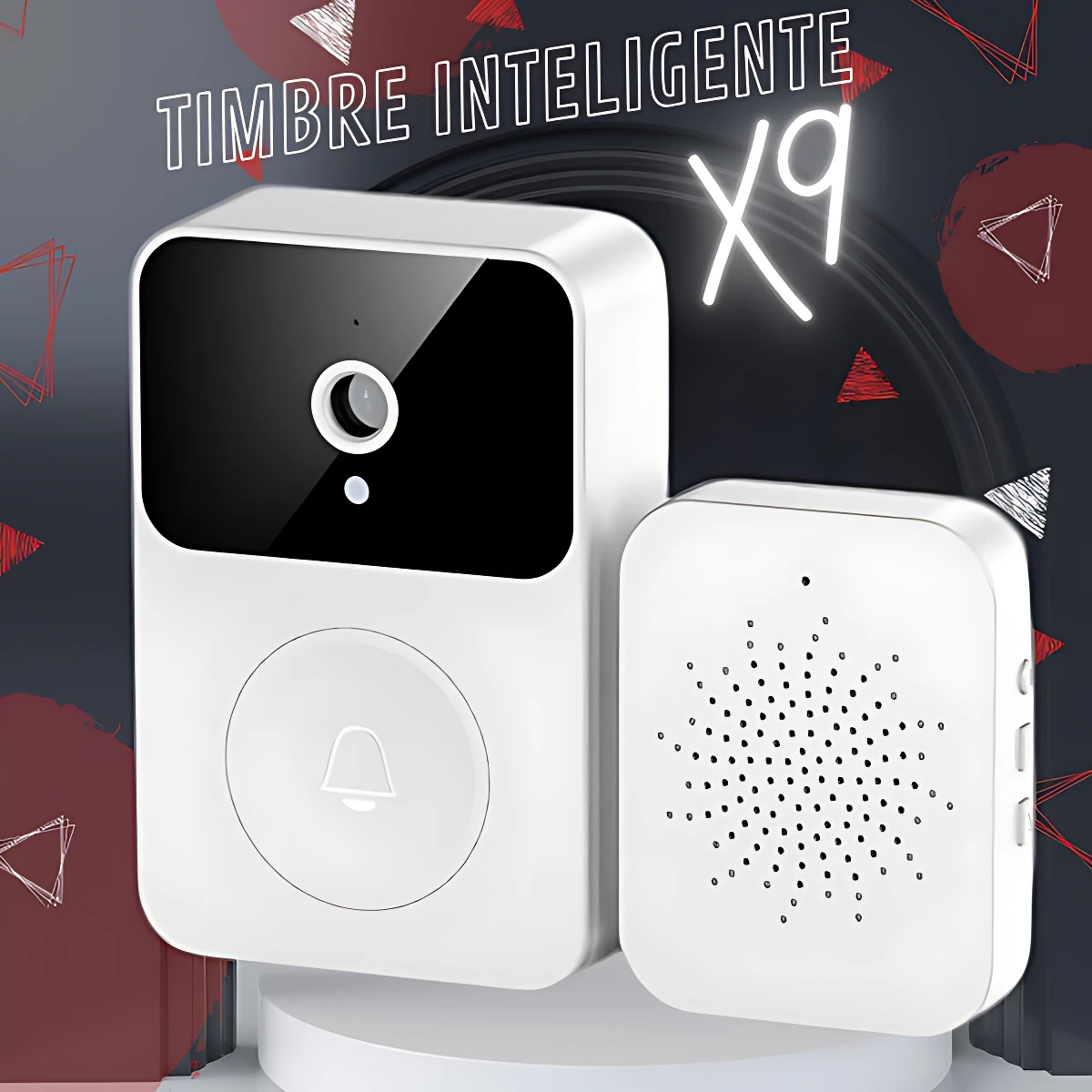 Timbre de video WiFi X9 en color blanco, mostrando la unidad principal con pantalla negra y botón circular, junto al receptor con rejilla de altavoz, sobre fondo decorativo con formas geométricas.