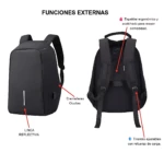 Mochila negra Neotech A108 vista frontal y trasera, con línea reflectante lateral, cremalleras ocultas, tirantes ajustables y espalda acolchada ergonómica.