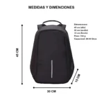 Mochila Neotech A108 negra con detalles reflectantes, vista frontal con medidas: 45 cm alto, 30 cm ancho y 15 cm fondo.