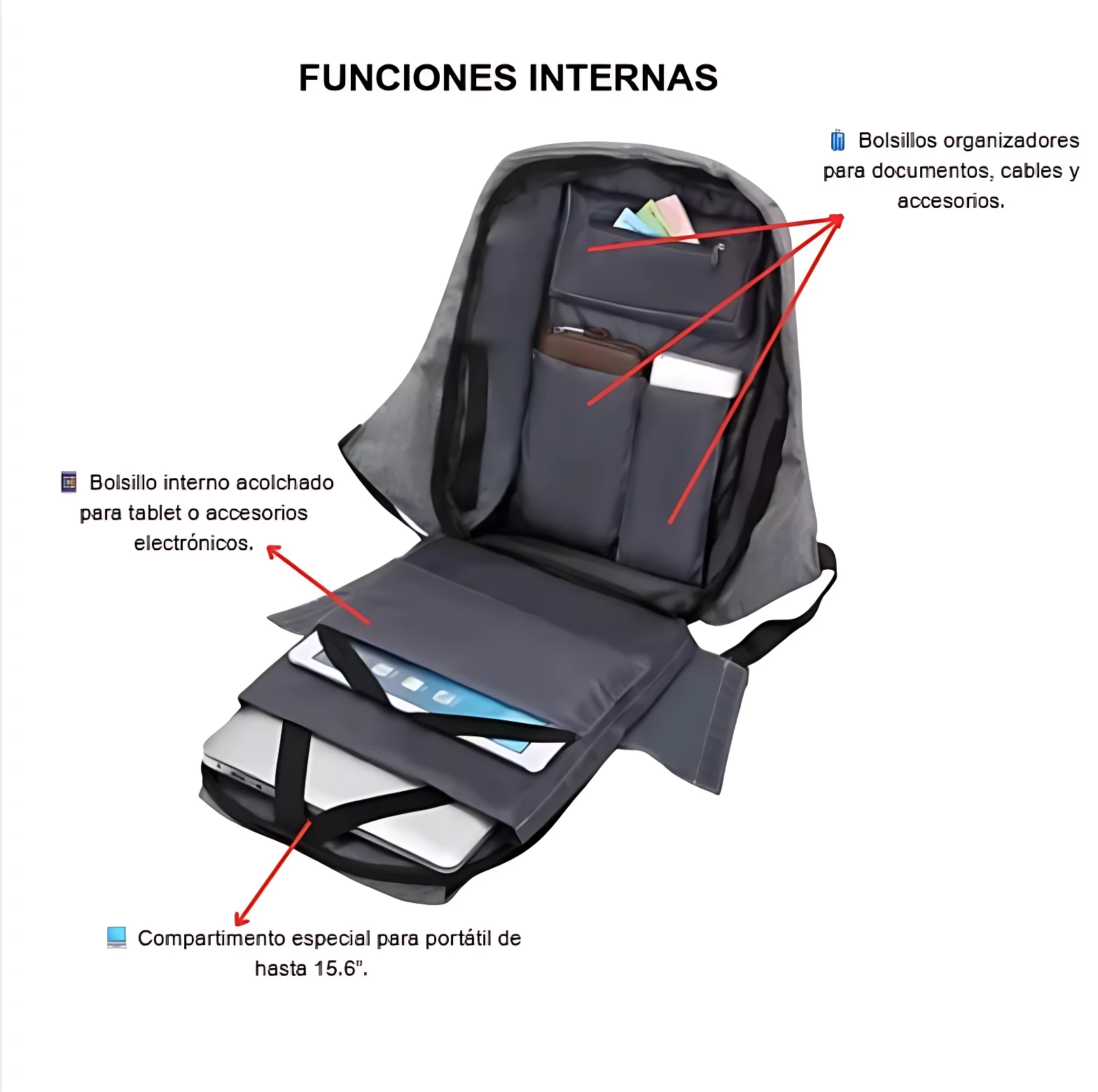 Mochila Neotech A108 abierta mostrando compartimento acolchado para portátil de hasta 15.6 pulgadas, bolsillos organizadores internos y tablet en funda protectora.