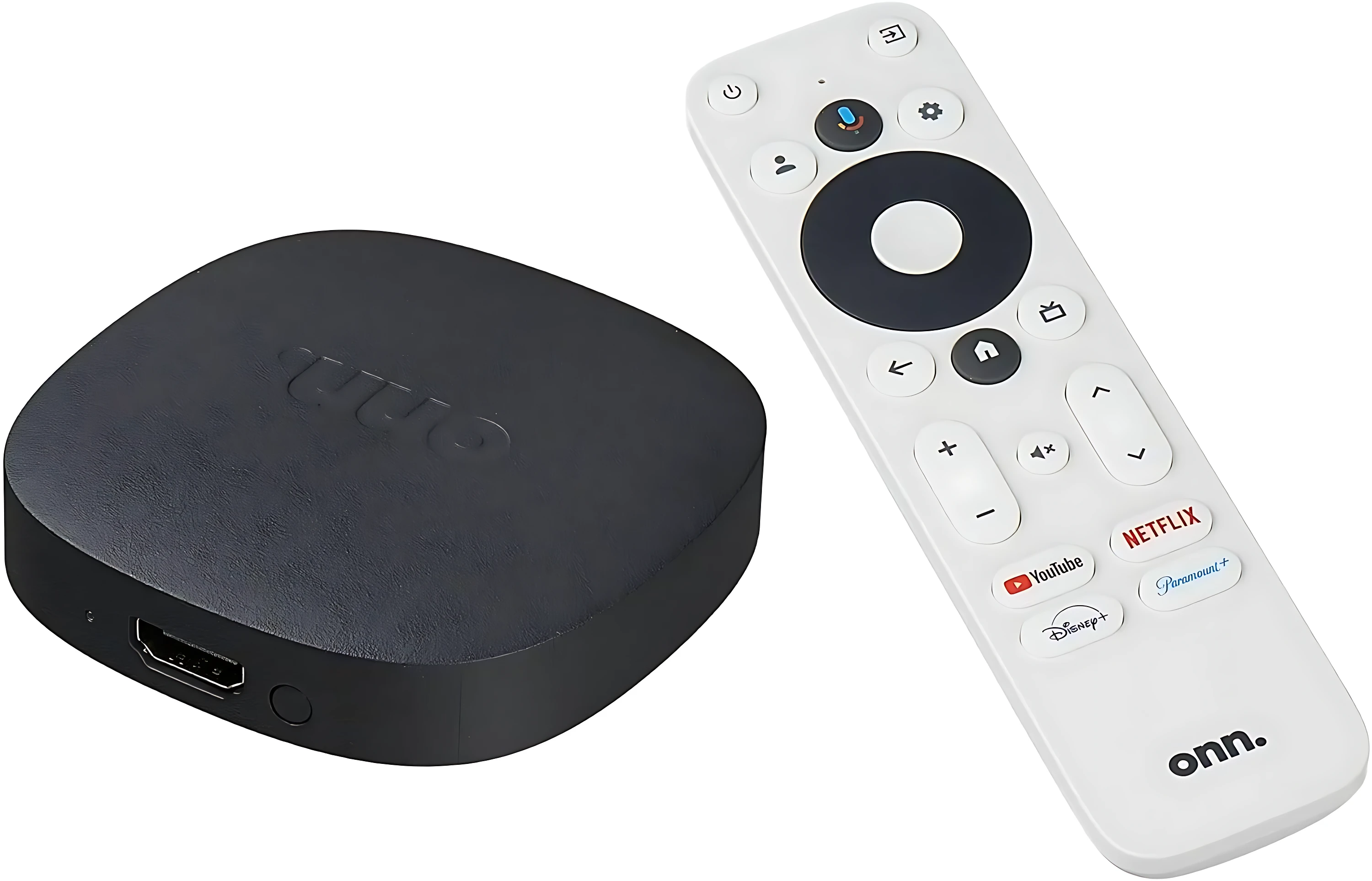 Dispositivo negro de streaming Onn Google TV 4K con control remoto blanco, ambos sobre fondo blanco.