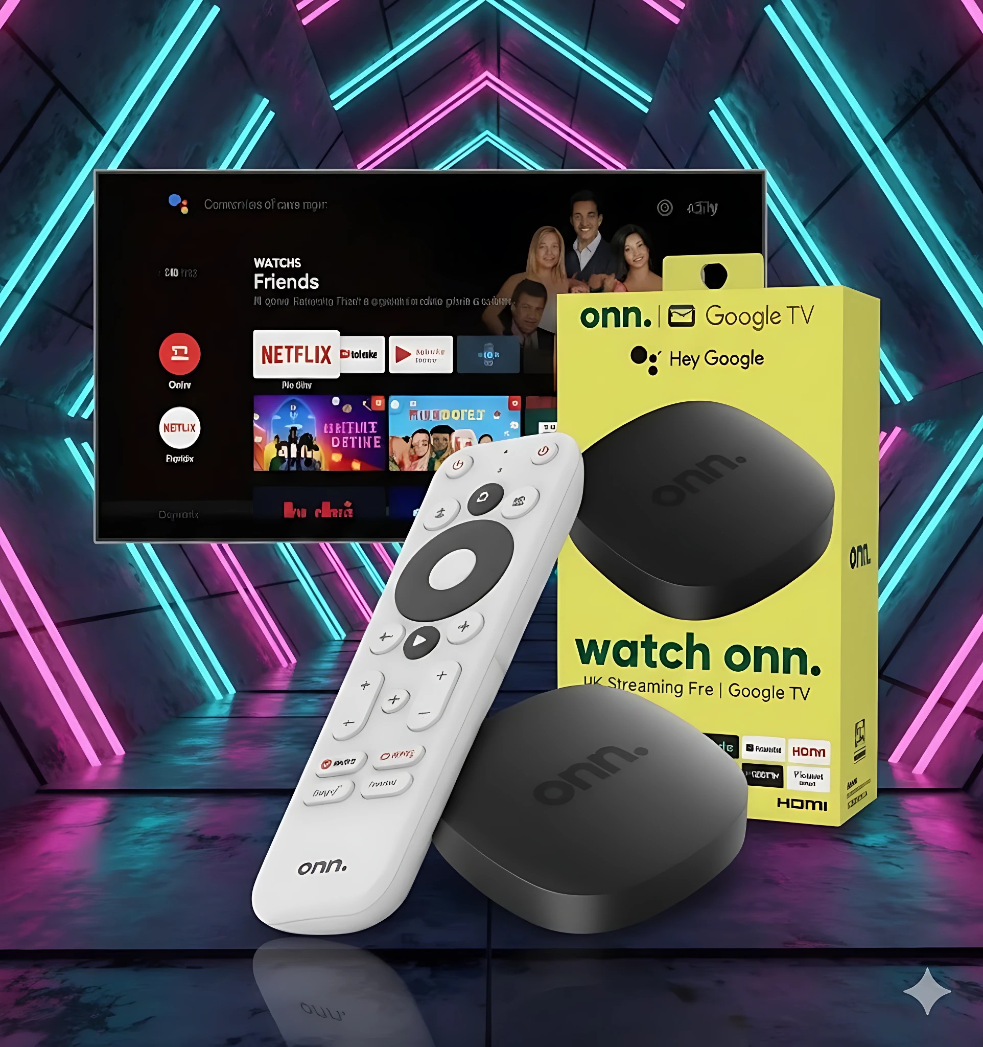 Dispositivo de streaming Onn Google TV 4K en caja amarilla, con control remoto blanco y unidad negra al frente, sobre fondo con luces neón.