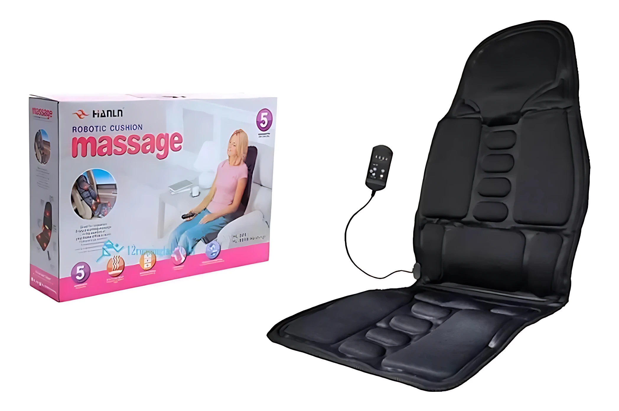 Silla masajeadora portátil negra con control remoto, mostrando su diseño ergonómico y textura acolchada. Incluye caja de presentación con de uso.