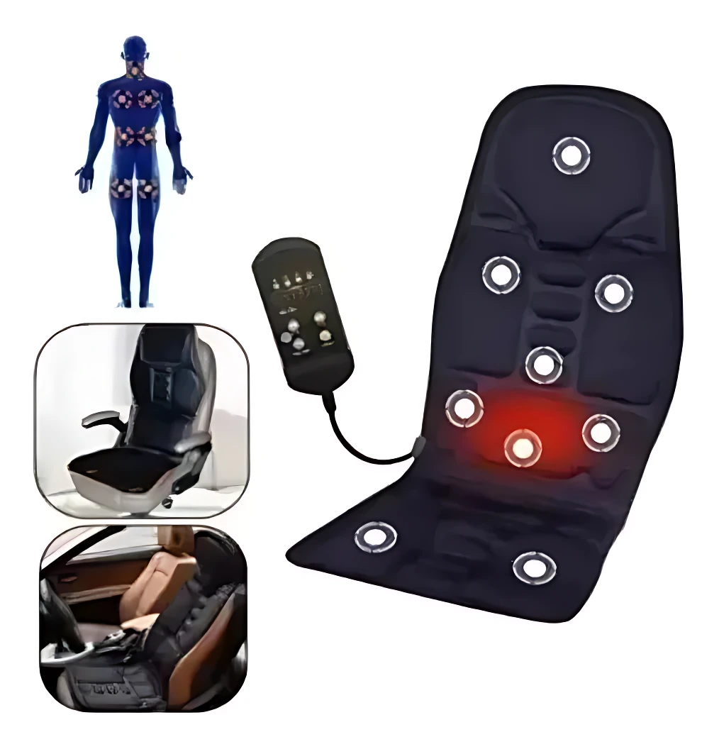 Silla masajeadora portátil negra con control remoto, luces LED rojas en zona lumbar y puntos de masaje visibles. Incluye diagrama corporal y ejemplos de uso en sillón y auto.