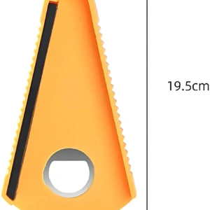Abridor de botellas en forma de palanca, color naranja con textura antideslizante en los bordes y mango ergonómico. Mide 19,5 cm de alto por 9 cm de ancho, con orificio central para colgar.