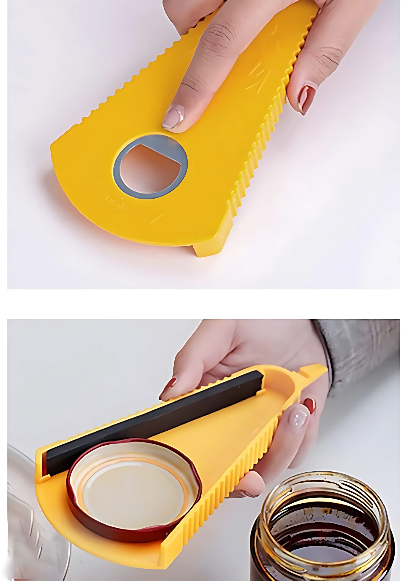 Abridor botellas palanca amarillo con textura antideslizante, mostrando uso para abrir tapas de vidrio y mango ergonómico.