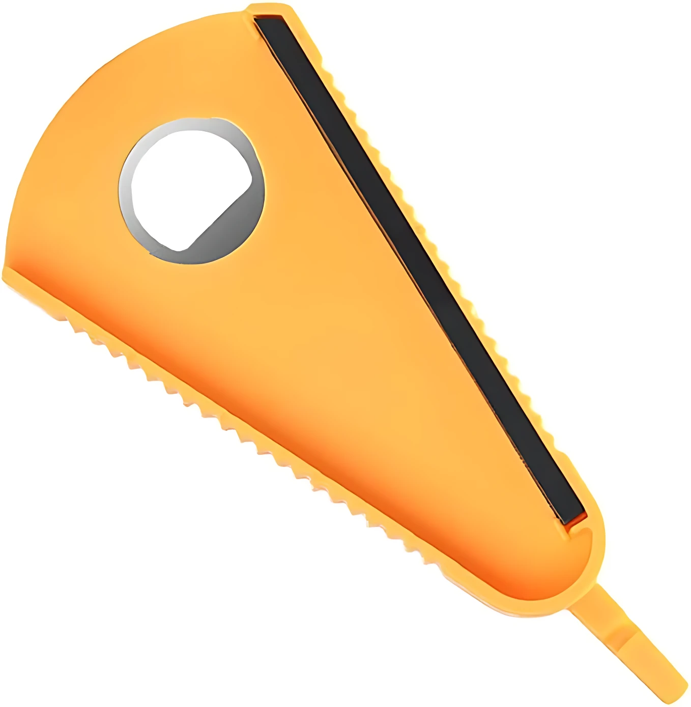 Abridor de botellas palanca antideslizante en color naranja con mango ergonómico y ranura para tapas de vidrio.