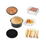 Kit de accesorios para airfryer con rejillas para pizza, pan, brochetas y verduras, incluyendo molde redondo negro y soporte para pan.