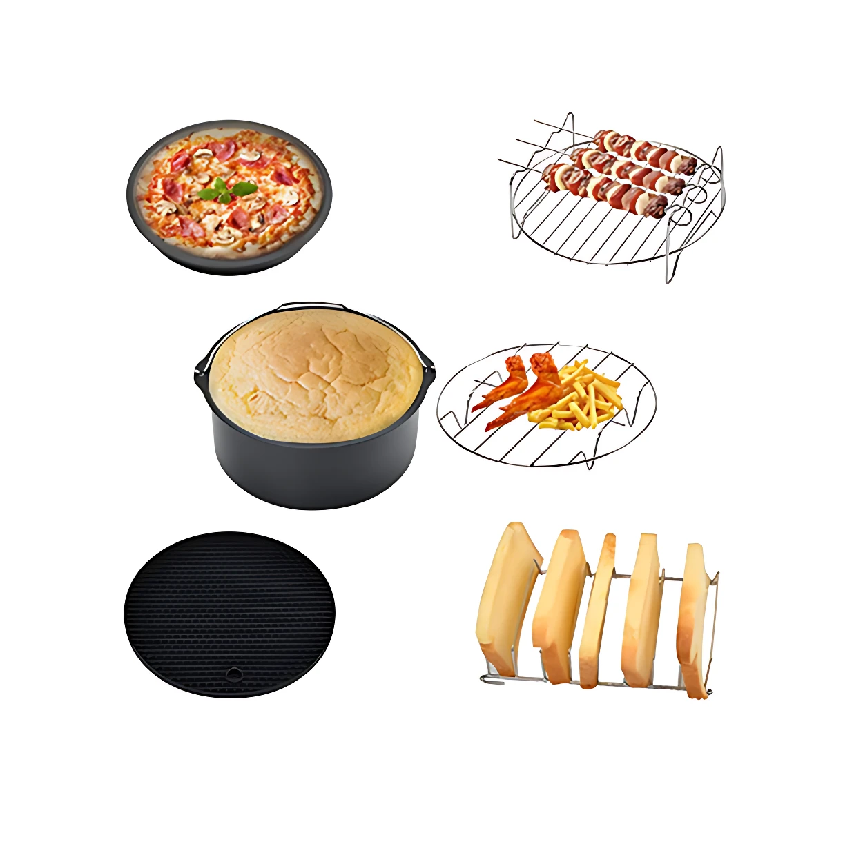 Kit de accesorios para airfryer con rejillas para pizza, pan, brochetas y verduras, incluyendo molde redondo negro y soporte para pan.
