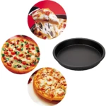 Kit Accesorios Airfryer para Pizza y Pan: incluye bandeja negra, pizza con vegetales y queso estirado al ser servida, y otra pizza con ingredientes variados.
