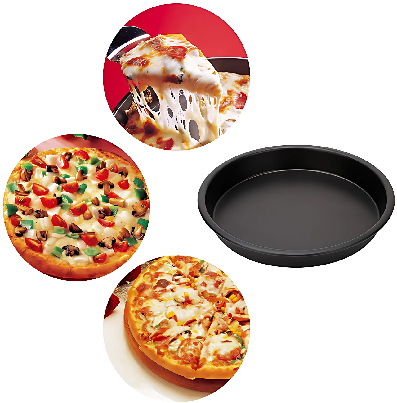 Kit Accesorios Airfryer para Pizza y Pan: incluye bandeja negra, pizza con vegetales y queso estirado al ser servida, y otra pizza con ingredientes variados.