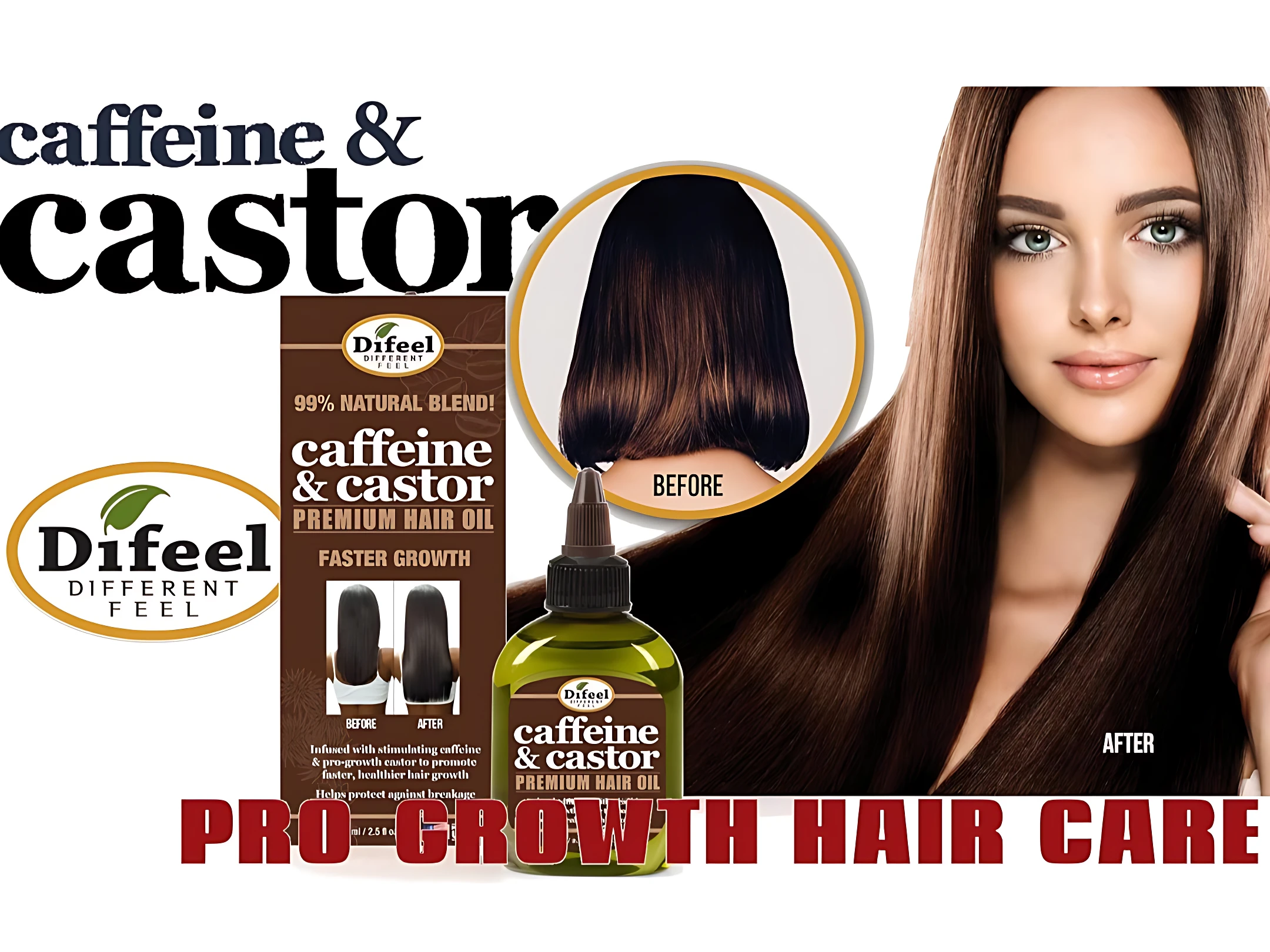 Aceite de recino con cafeína para crecimiento capilar, presentación en frasco verde con etiqueta marrón, muestra antes y después de cabello largo y brillante, marca Difeel.