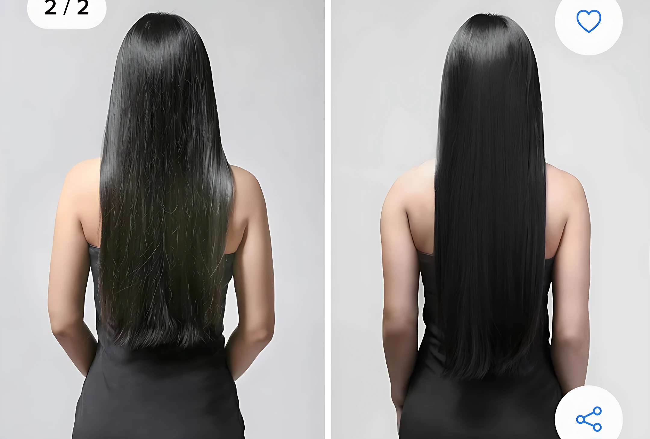 Vista posterior de cabello largo, liso y negro brillante, mostrando textura sedosa y caída uniforme tras tratamiento con aceite de recino y cafeína.