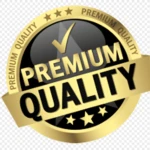 Sello dorado con texto "PREMIUM QUALITY" y estrellas, sobre fondo negro brillante.