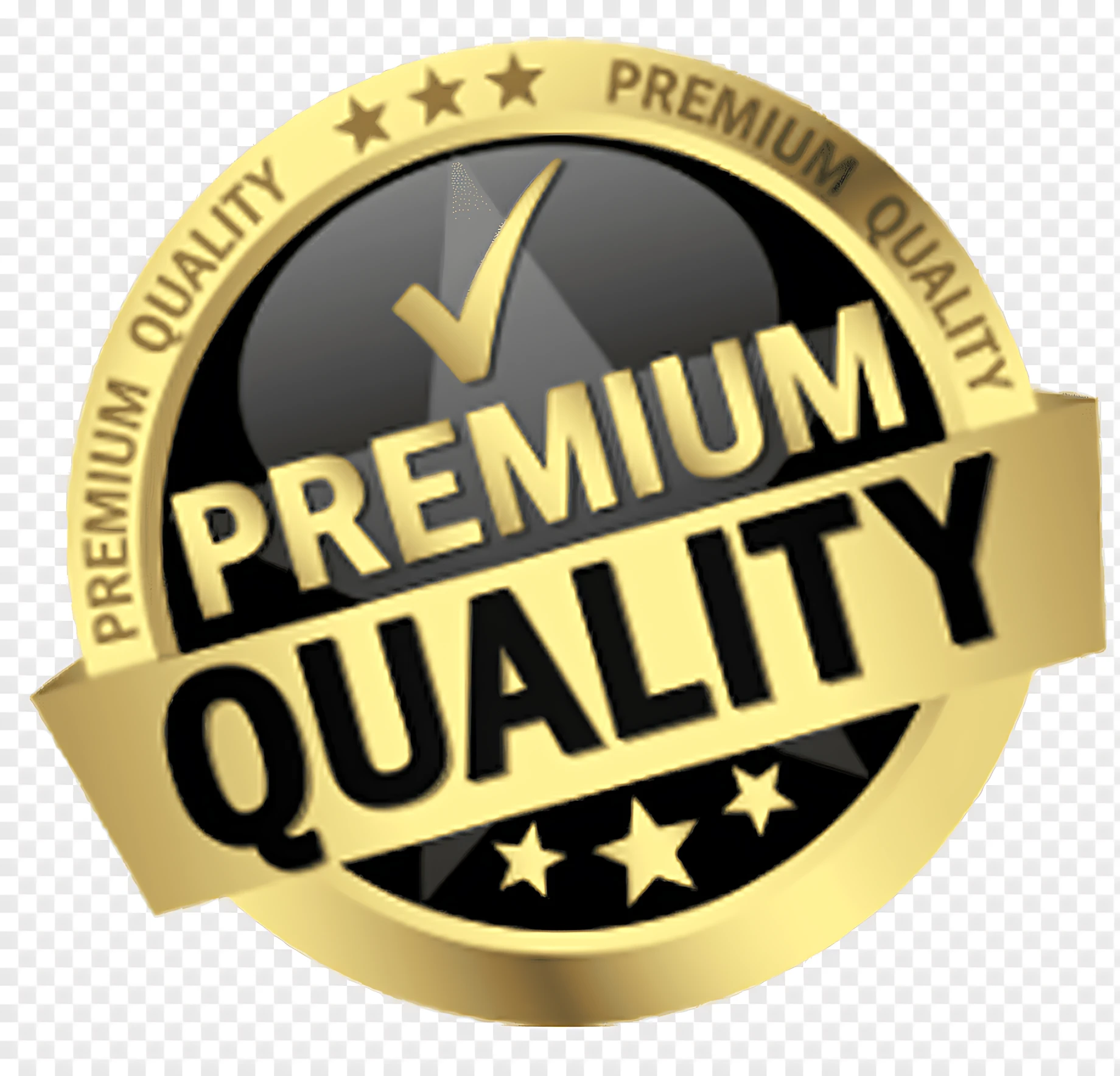 Sello dorado con texto "PREMIUM QUALITY" en letras negras y doradas, bordeado por estrellas y un checkmark dorado sobre fondo negro brillante.