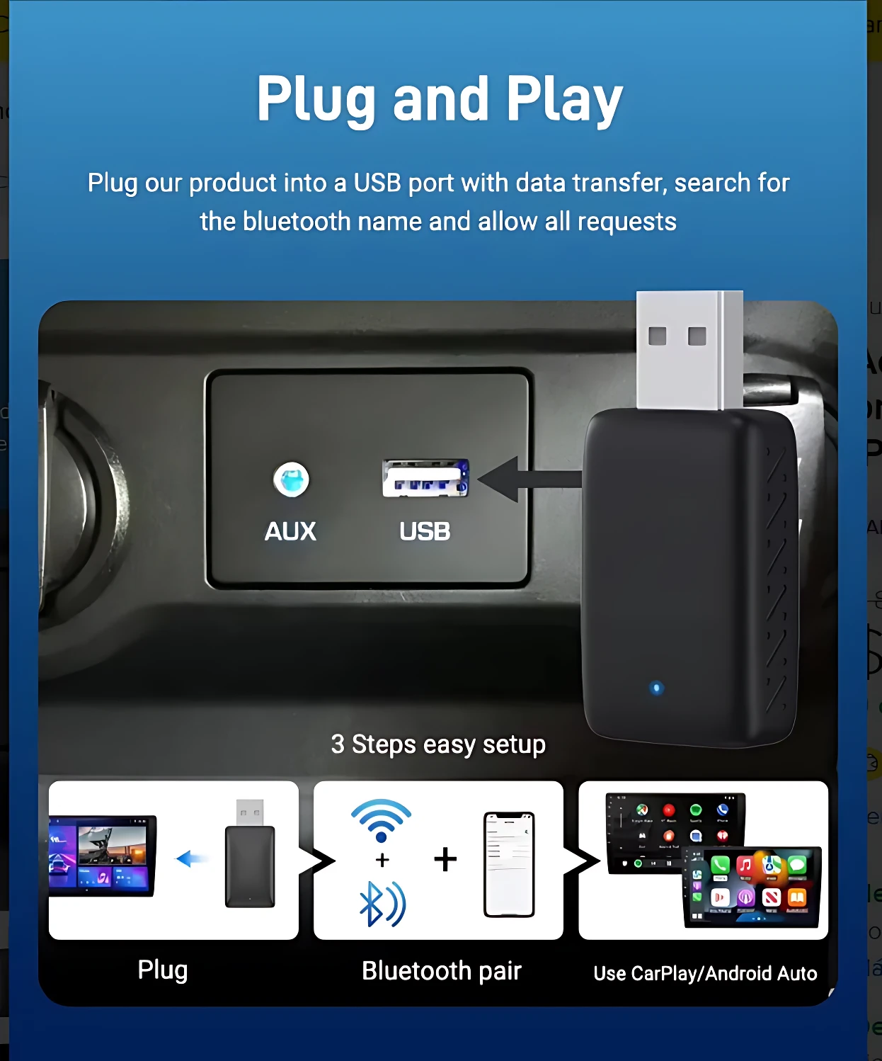 Adaptador CarPlay inalámbrico negro con puerto USB, insertado en consola central de vehículo. Incluye diagrama de conexión a smartphone y pantalla táctil.