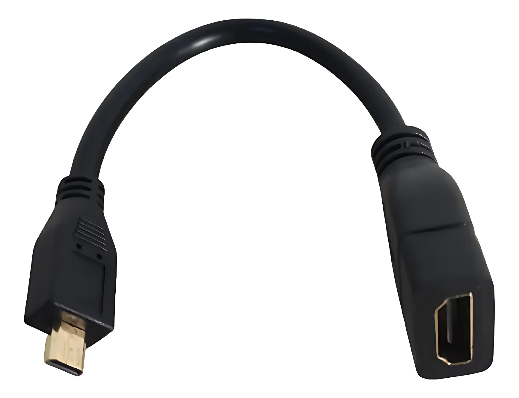 Adaptador HDMI Micro a Estándar negro, conector macho dorado y hembra negra, cable flexible curvado, fondo blanco.