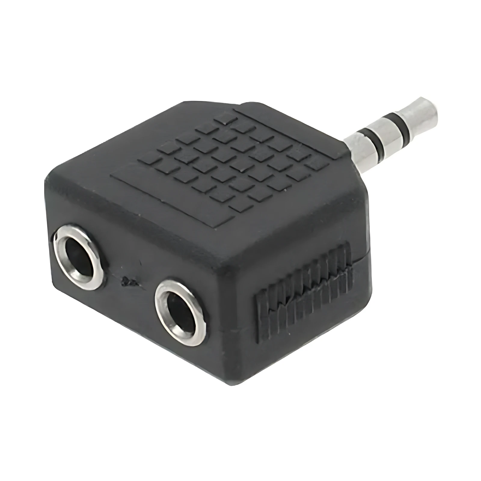 Adaptador divisor audio 3.5mm negro con dos salidas jack para conectar dos auriculares simultáneamente.