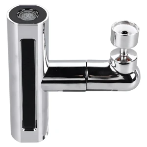 Adaptador grifo giratorio cromado con cabezal de ducha y boquilla ajustable, ideal para lavado profundo de utensilios y limpieza de superficies.
