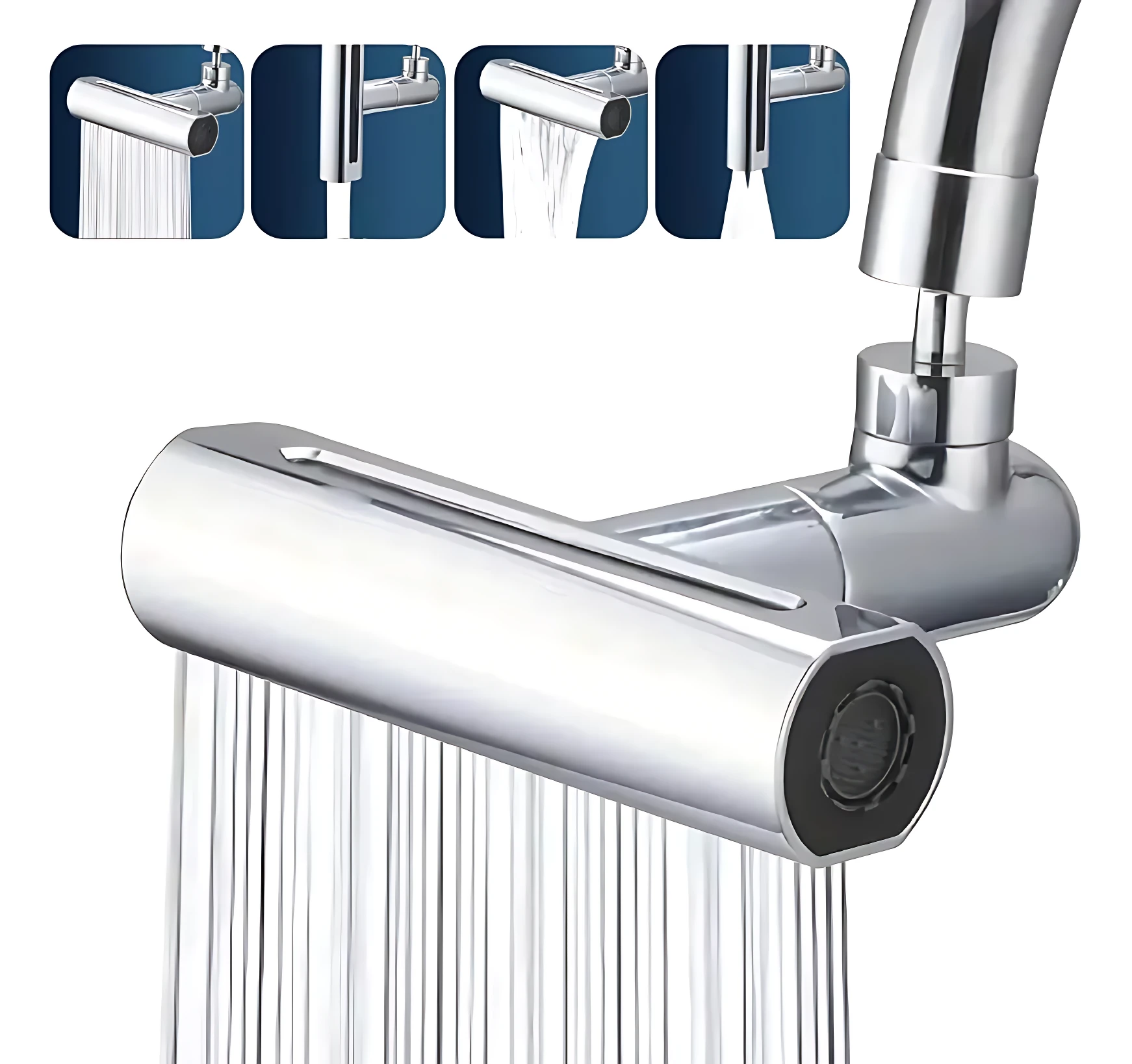 Adaptador grifo giratorio cromado con múltiples modos de flujo, ideal para lavado profundo de utensilios y limpieza eficiente de superficies.