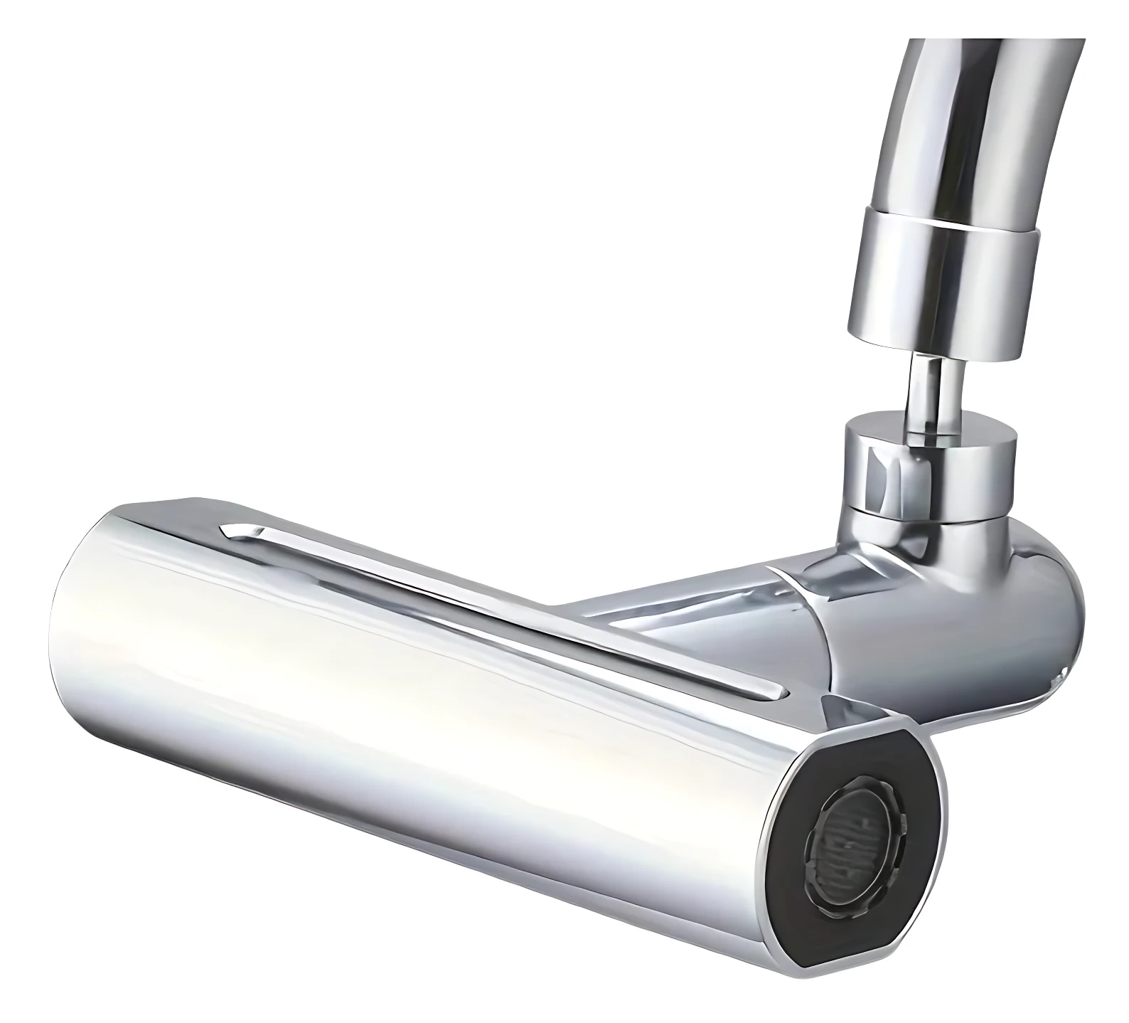 Adaptador grifo giratorio en acabado cromado, con boquilla cilíndrica y conexión flexible para lavado de utensilios y limpieza de superficies.