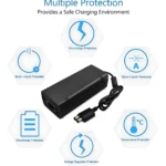 Adaptador de corriente negro para X-360E con cable enrollado y seis iconos que muestran protecciones eléctricas como sobretensión, cortocircuito y temperatura.