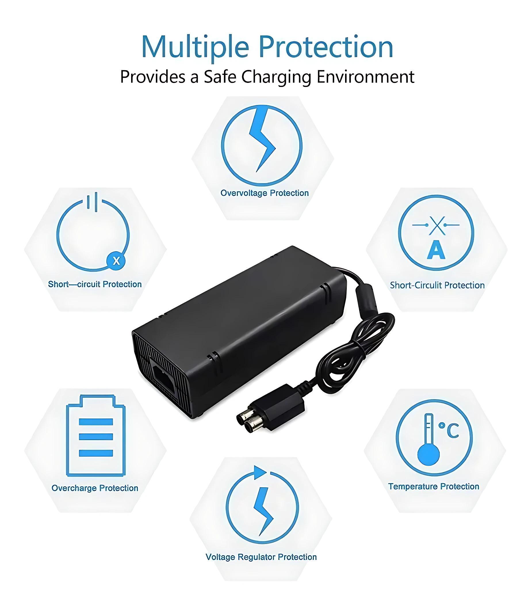 Adaptador de corriente negro para X-360E con cable enrollado y seis iconos que muestran protecciones eléctricas como sobretensión, cortocircuito y temperatura.