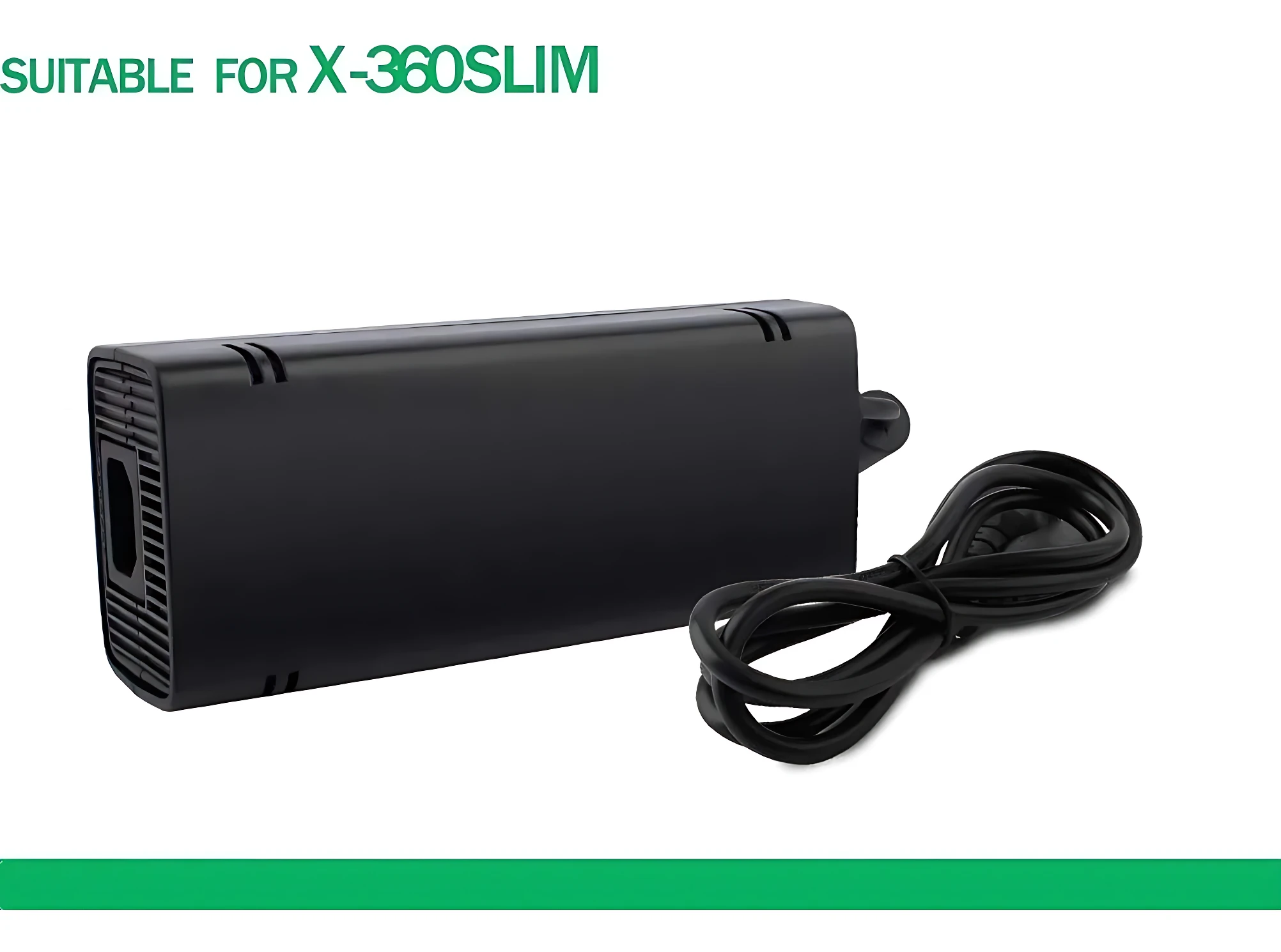 Adaptador de corriente negro para Xbox 360 Slim, con cable enrollado y enchufe visible, diseñado para proteger el equipo contra sobrecargas.