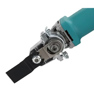 Adaptador pulidora multipropósito para amoladora 100mm, con mango verde y disco de corte negro en primer plano.
