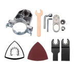 Kit de accesorios para pulidora multipropósito 100mm: adaptador metálico, llave, brocas, disco de lija y dos hojas de corte.