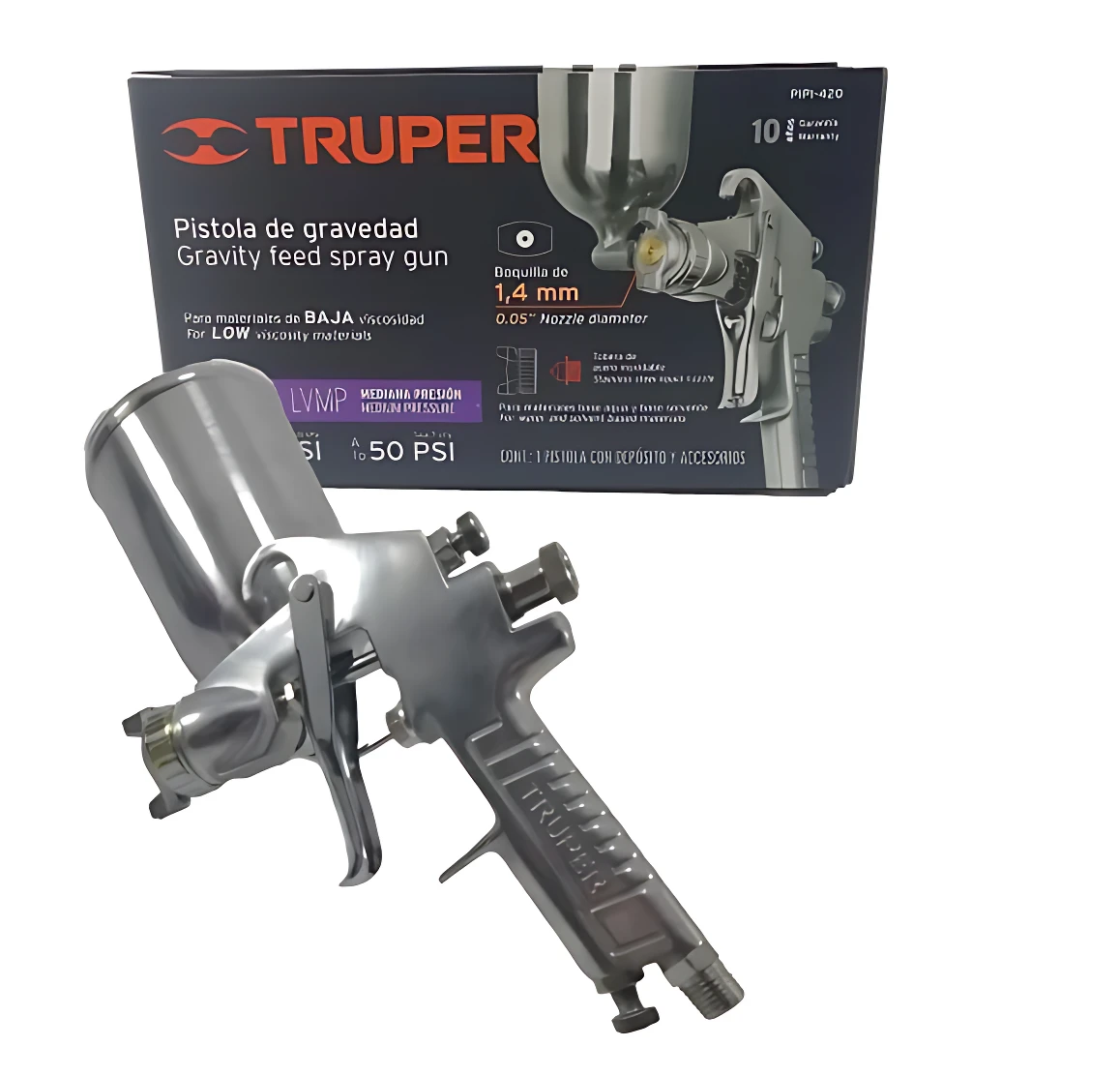 Pistola de gravedad Truper en aluminio, color gris metálico, con boquilla de 1.4 mm y mango ergonómico, mostrada junto a su caja original.