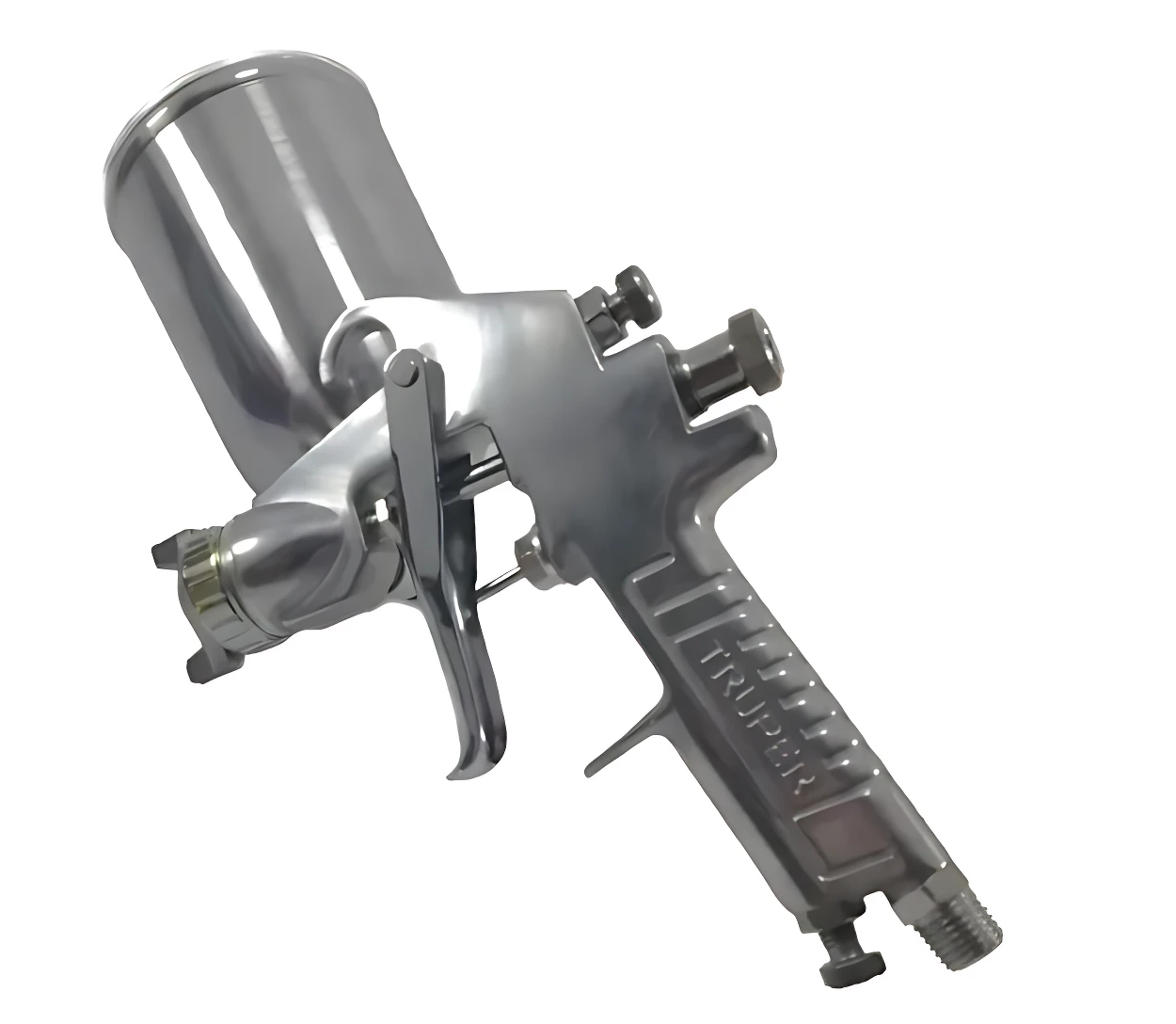 Pistola de gravedad Truper en aluminio pulido, con mango ergonómico y gatillo visible, diseñada para aplicar pintura fina sin goteo.