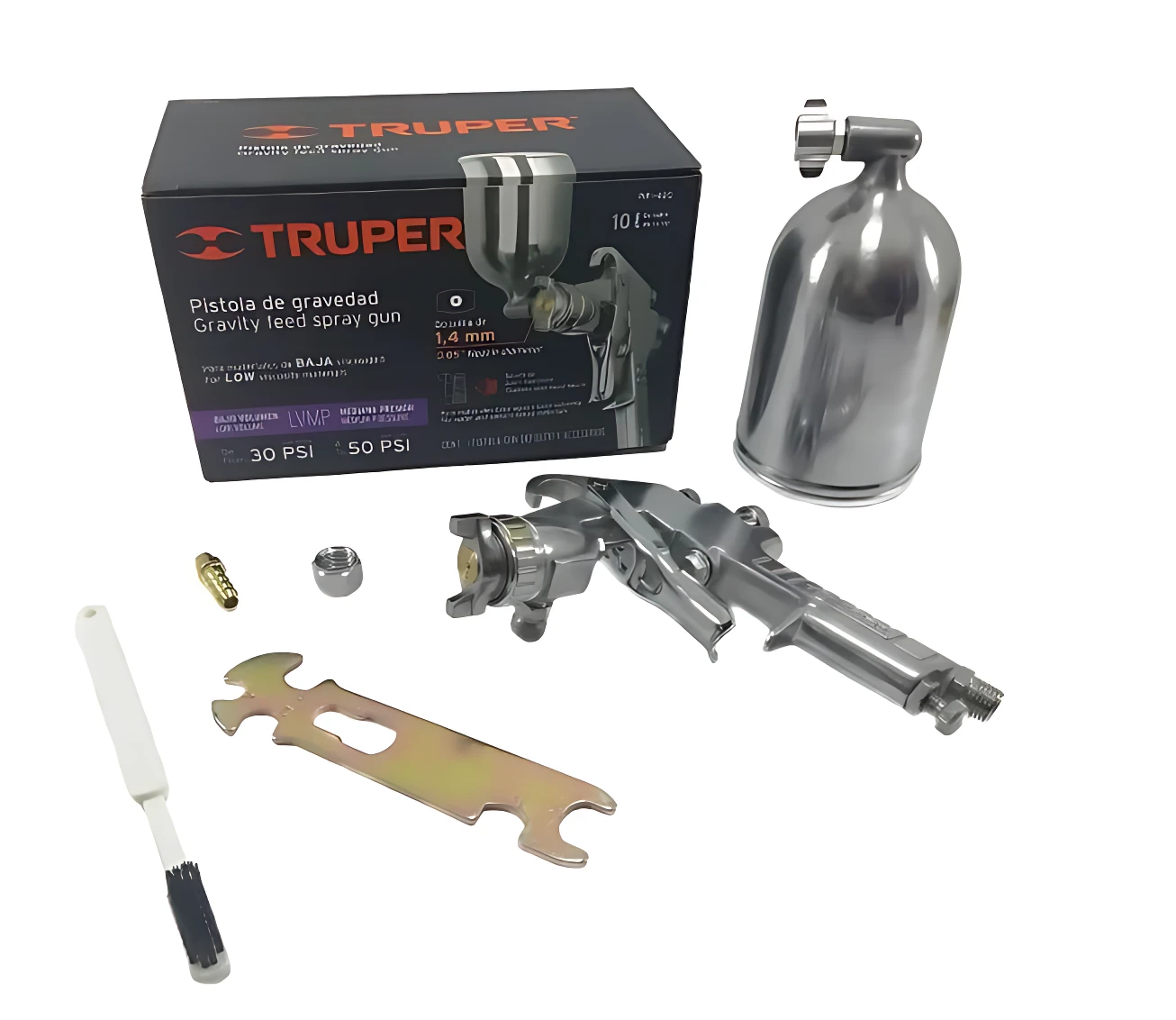Pistola de gravedad Truper de aluminio con boquilla de 1.4 mm, junto a su caja, botella de pintura, llave de ajuste y accesorios.
