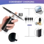 Aerógrafo recargable negro con mango ergonómico, cabezal metálico y sistema de carga USB. Incluye cables, adaptador de coche y batería externa.