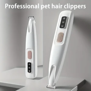 Afeitadora eléctrica blanca para mascotas, vista frontal y lateral, con botones de control y cabezal metálico.