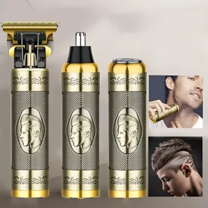 Afeitadora multifuncional 3 en 1 con cuerpo metálico dorado y detalles grabados, mostrando tres cabezales intercambiables y ejemplos de uso en hombre.