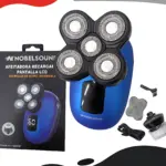 Afeitadora recargable Nobelsound de color azul con tres cabezales giratorios, pantalla LCD que muestra el número 60, y accesorios incluidos: cepillo de limpieza, base de carga y cable.