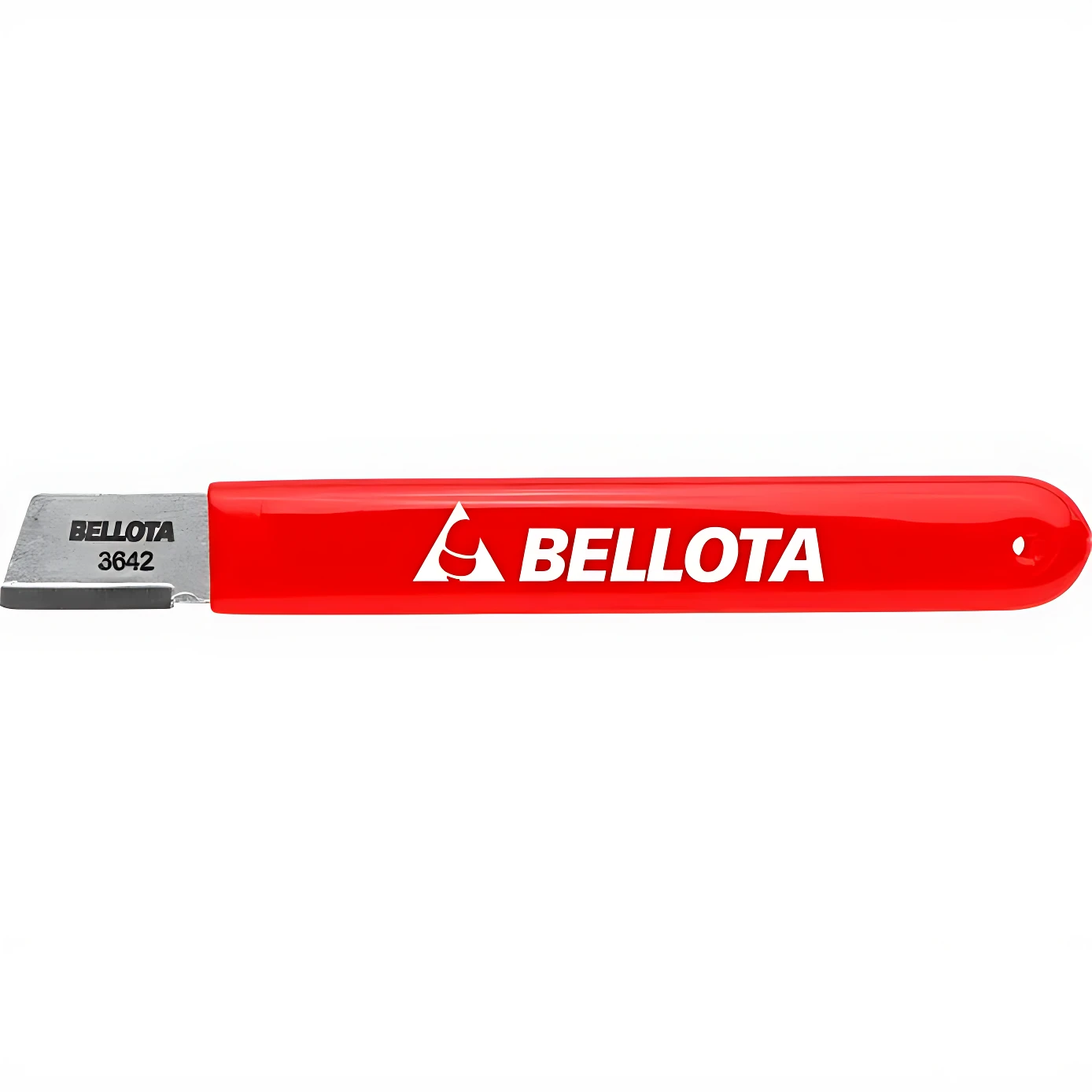 Afilador de carburo de tungsteno Bellota, modelo 3642, con mango rojo brillante y hoja metálica visible.