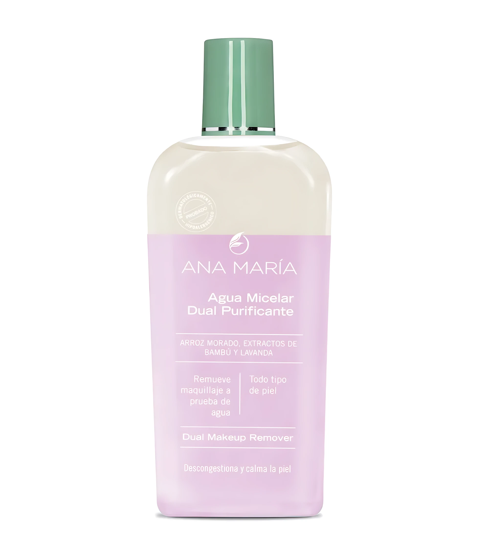 Botella de agua micelar dual Ana María con arroz morado y lavanda, envase transparente con tapa verde y etiqueta rosa claro.