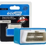 Pack de dos ahorradores de combustible para autos diésel, con caja azul y conector blanco visible, en empaque con etiqueta de ahorro de 15% y garantía de dos años.