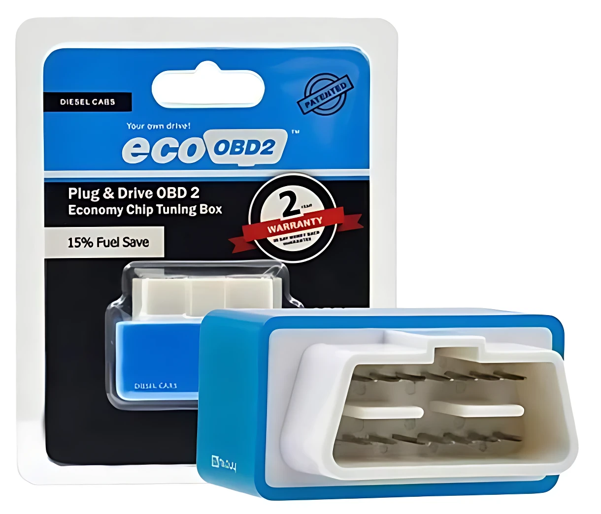 Pack de dos ahorradores de combustible para autos diésel, con caja azul y conector blanco visible, en empaque con etiqueta de ahorro de 15% y garantía de dos años.