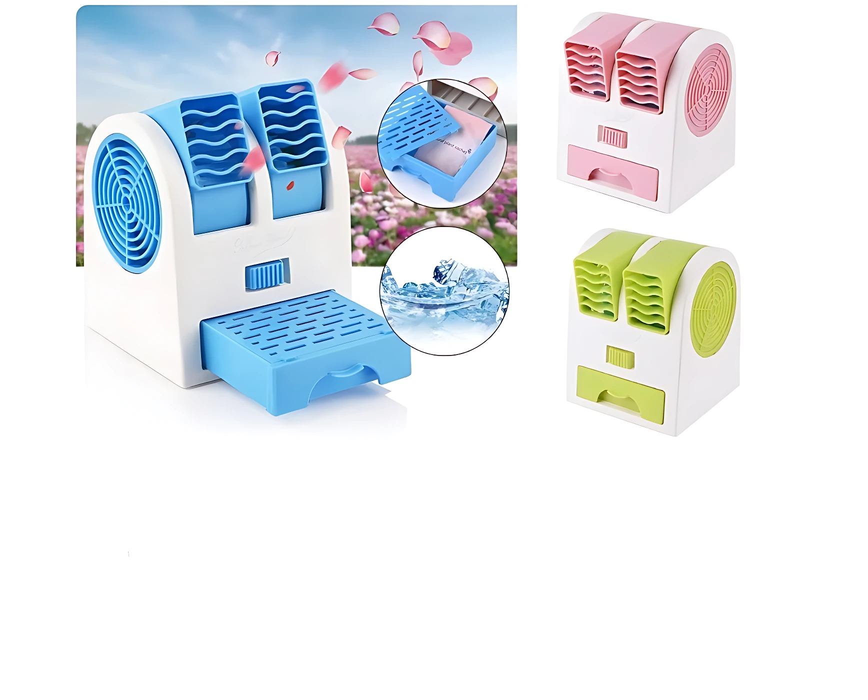 Ventilador portátil USB con humidificador en colores azul, rosa y verde, mostrando detalles de funcionamiento y variantes de color.