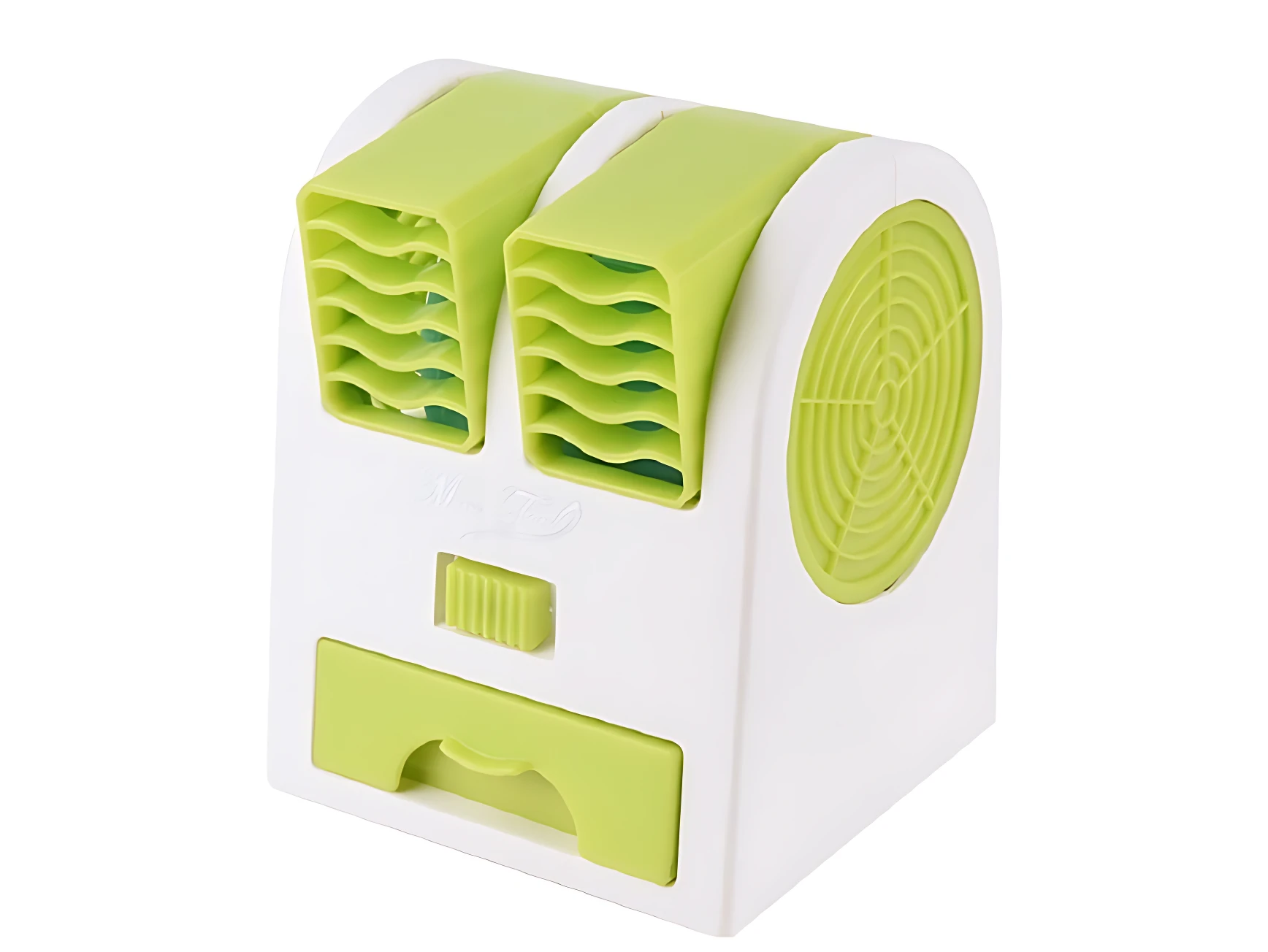 Ventilador portátil USB blanco con detalles en verde lima, diseño compacto con dos rejillas de salida de aire y panel frontal con interruptor y depósito para agua.