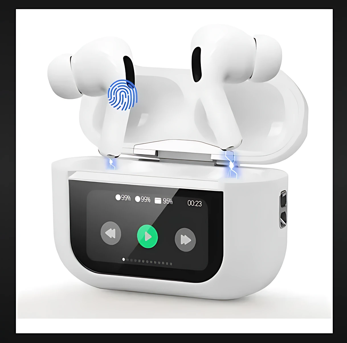 Caja blanca de carga con pantalla digital mostrando batería al 99% y controles de reproducción, con auriculares blancos dentro y luces azules en los conectores.