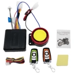 Kit de alarma para moto con módulo negro, sirena roja y amarilla, dos llaves remotas, cableado multicolor, manual y sensor adhesivo.