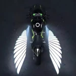 Alas LED decorativas para moto, vista cenital. Proyectan luz blanca en forma de alas sobre el suelo, con detalles en verde neón en la motocicleta.