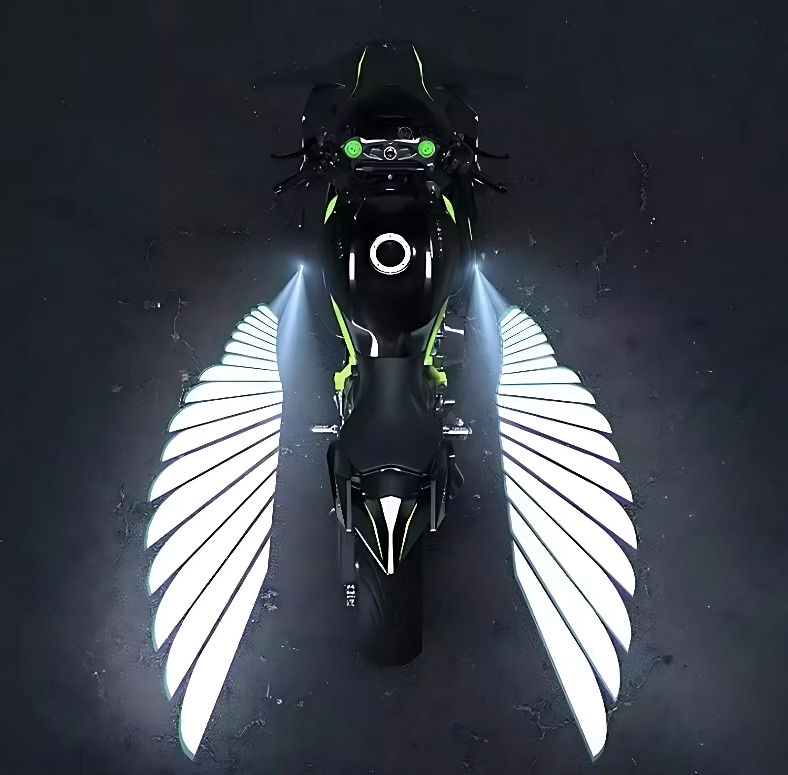 Alas LED decorativas para moto, vista cenital. Proyectan luz blanca en forma de alas sobre el suelo, con detalles en verde neón en la motocicleta.