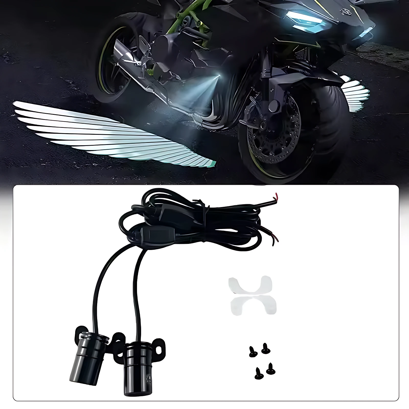 Kit de luces LED en forma de alas para moto, con cableado y tornillos de montaje incluidos.